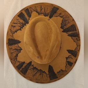 Handmade Burnt Brown Western Hat with Black Mountain Design